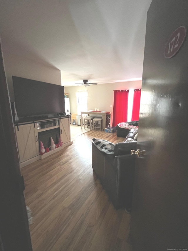 living room with dark hardwood / wood-style floors and ceiling fan