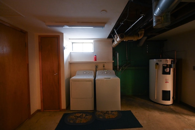 laundry room featuring water heater and washing machine and clothes dryer