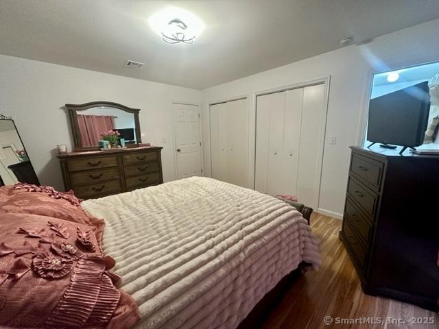 bedroom featuring dark wood-type flooring and multiple closets