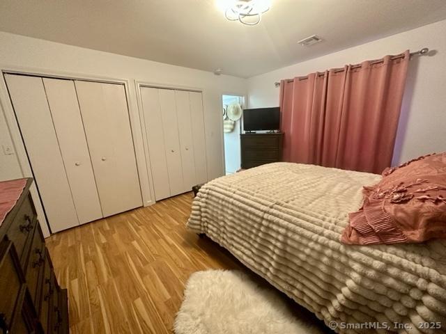 bedroom featuring light hardwood / wood-style flooring and two closets