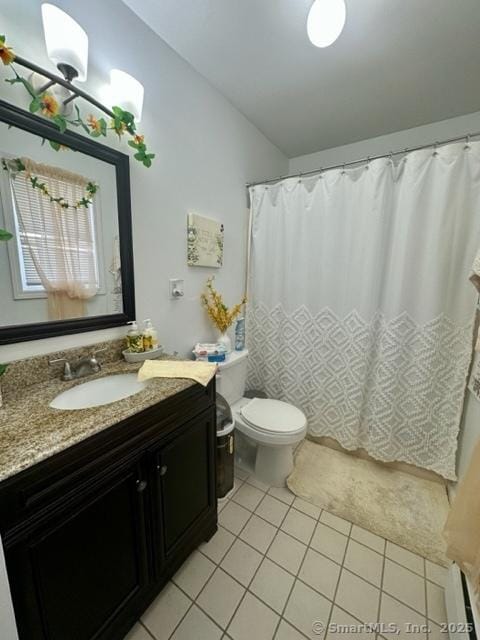 bathroom featuring a baseboard radiator, tile patterned flooring, vanity, walk in shower, and toilet