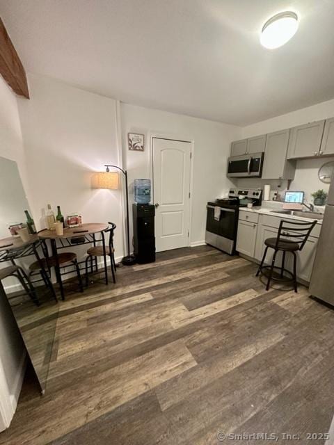 kitchen featuring appliances with stainless steel finishes, dark hardwood / wood-style flooring, sink, and gray cabinetry