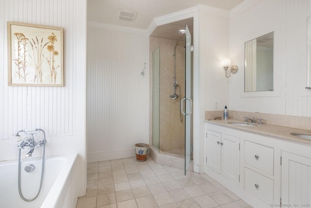 bathroom featuring vanity, ornamental molding, and plus walk in shower