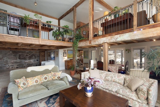 living room with a high ceiling