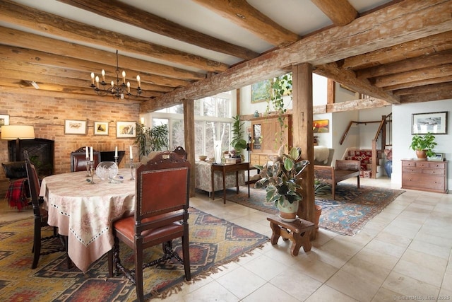 tiled dining space with a notable chandelier and beam ceiling