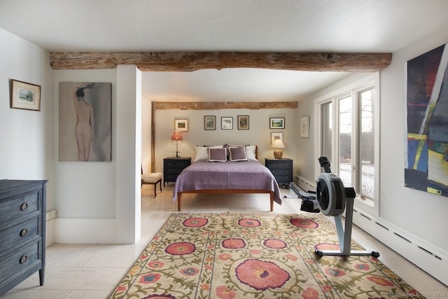 tiled bedroom featuring beam ceiling and baseboard heating