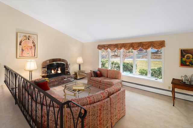 carpeted living room with a baseboard radiator, a brick fireplace, and vaulted ceiling