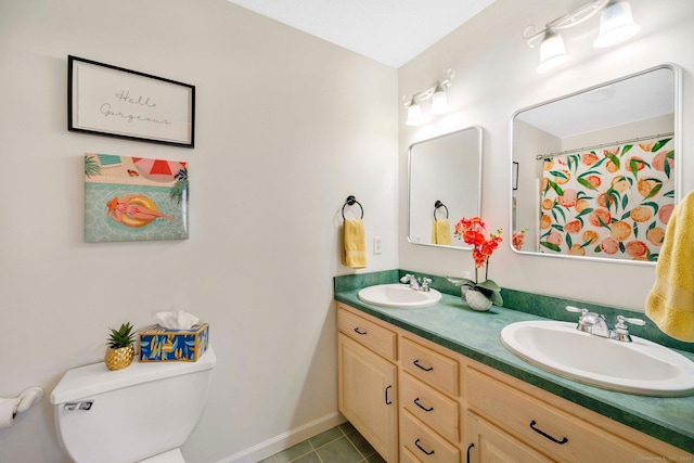 bathroom featuring tile patterned floors, vanity, and toilet