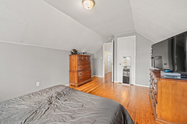 bedroom featuring wood-type flooring and lofted ceiling