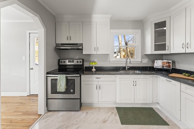 kitchen with white cabinetry, ornamental molding, sink, and stainless steel range with electric cooktop