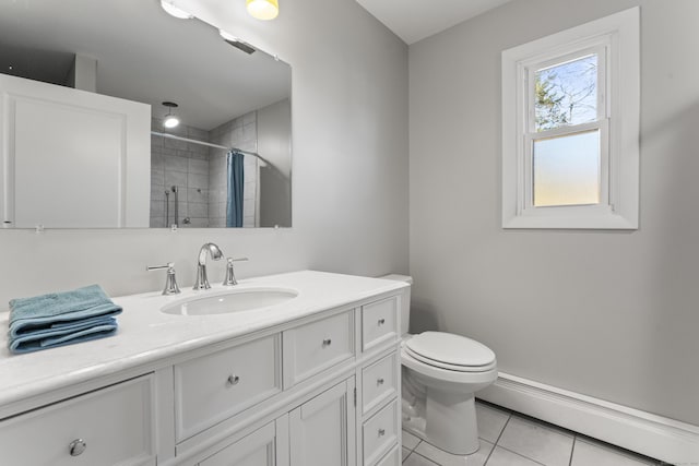 bathroom featuring a baseboard radiator, tile patterned flooring, vanity, toilet, and a shower with curtain