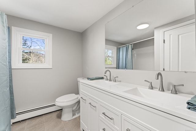 bathroom with vanity, tile patterned floors, toilet, and baseboard heating