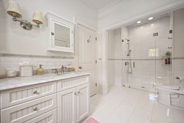 full bath featuring a stall shower, toilet, crown molding, and vanity