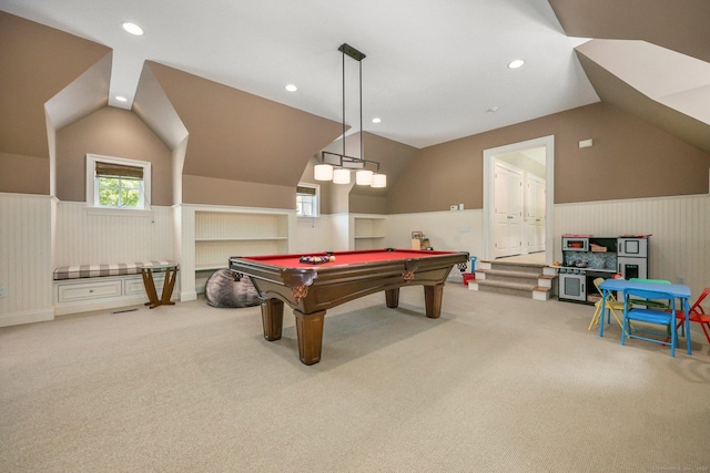 playroom featuring recessed lighting, a wainscoted wall, carpet floors, and vaulted ceiling