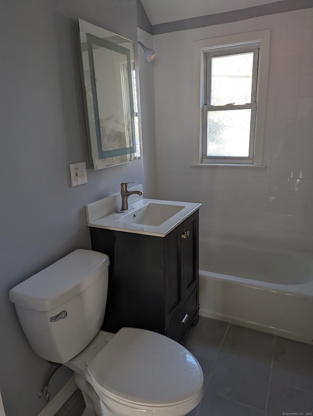 full bathroom with shower / bathtub combination, lofted ceiling, vanity, toilet, and tile patterned floors