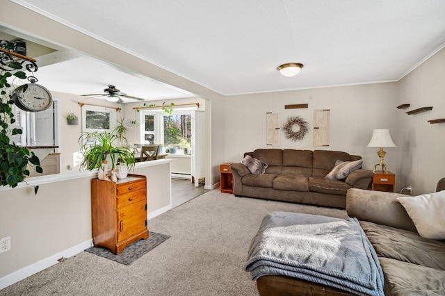 living room with crown molding, baseboard heating, and carpet