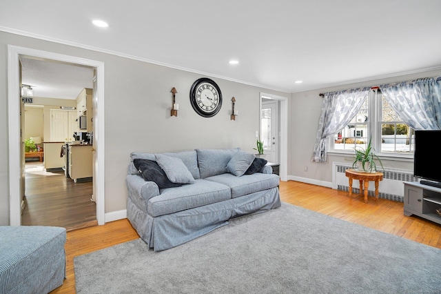 living room with radiator, crown molding, and light hardwood / wood-style flooring