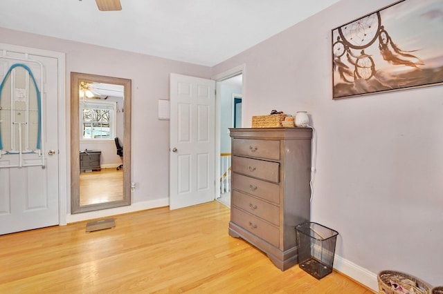 bedroom featuring ceiling fan and light wood-type flooring