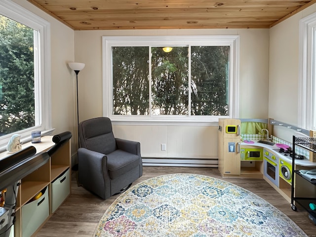 sitting room with light wood-type flooring, wooden ceiling, and baseboard heating