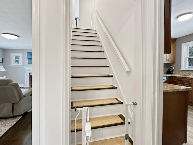 stairway with hardwood / wood-style flooring and baseboard heating