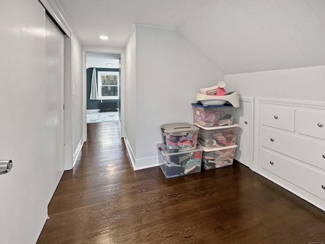 hall featuring dark hardwood / wood-style flooring and lofted ceiling