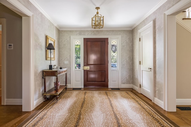 109 Elys Ferry Rd, Lyme, CT 06371 - entryway featuring wood finished floors, wallpapered walls, a chandelier, and crown molding