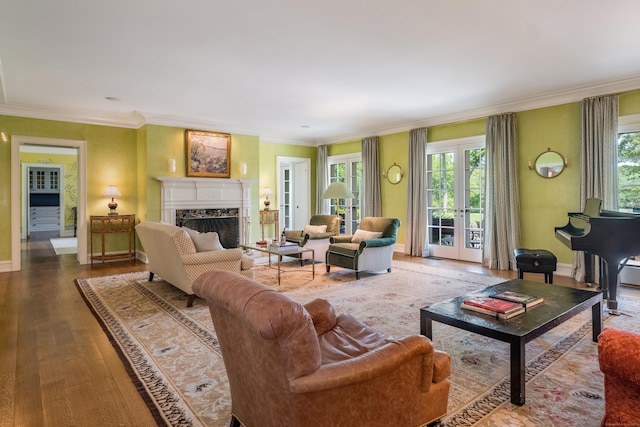 109 Elys Ferry Rd, Lyme, CT 06371 - living area with wood finished floors, a premium fireplace, and crown molding