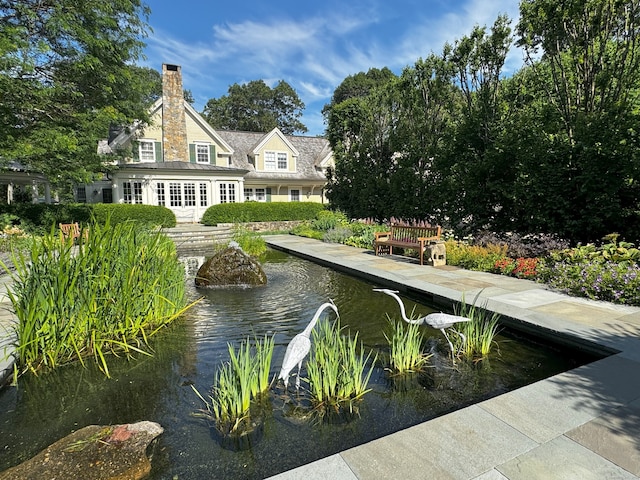 109 Elys Ferry Rd, Lyme, CT 06371 - rear view of property featuring a chimney, french doors, a small pond, and a standing seam roof