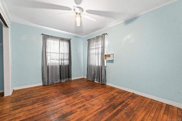 unfurnished room with wood-type flooring, ornamental molding, and ceiling fan