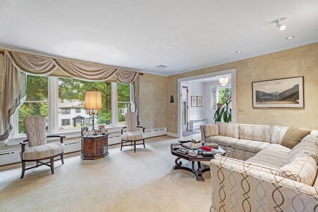 living room featuring a baseboard radiator, recessed lighting, ornamental molding, light carpet, and a baseboard heating unit