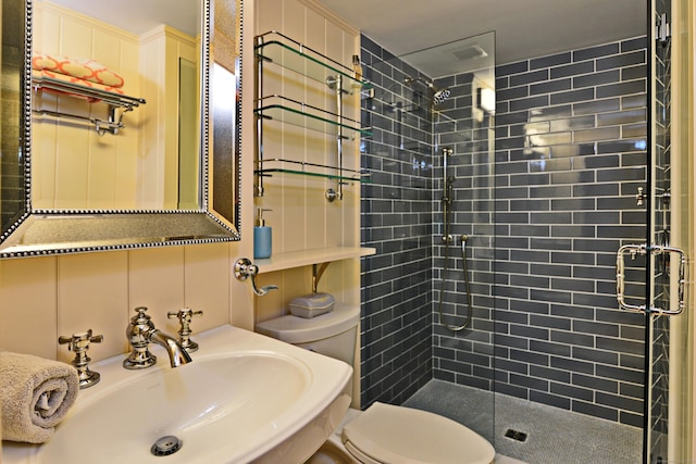 bathroom with toilet, a shower stall, and a sink