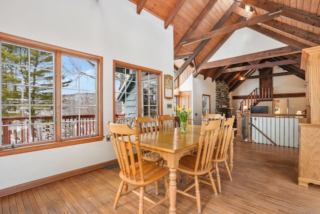 dining room with high vaulted ceiling, beam ceiling, light hardwood / wood-style floors, and wooden ceiling