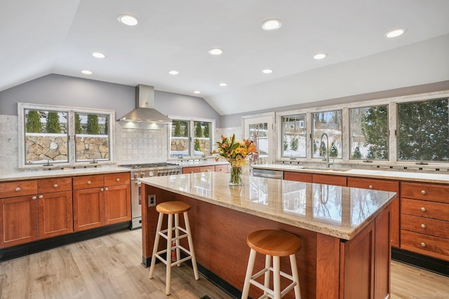 kitchen with sink, a breakfast bar area, appliances with stainless steel finishes, a kitchen island, and island exhaust hood