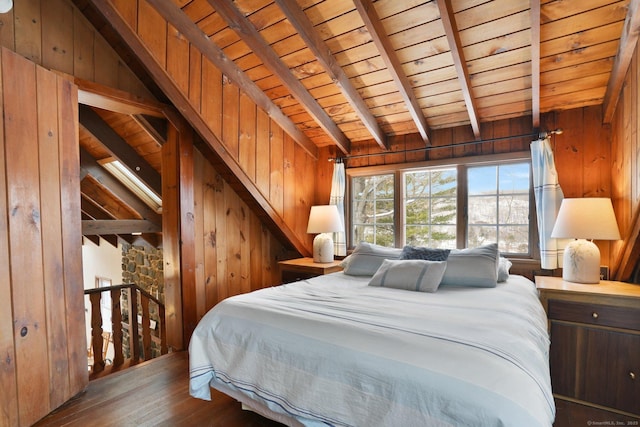 bedroom with wood-type flooring, wooden ceiling, and wood walls