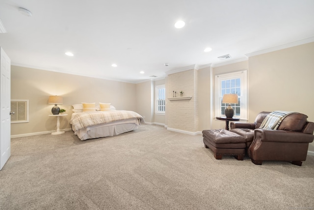 bedroom featuring light carpet, baseboards, visible vents, and crown molding