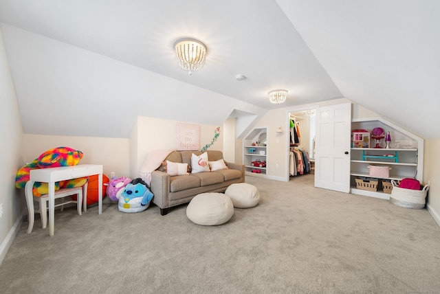 recreation room featuring baseboards, built in features, vaulted ceiling, and carpet flooring