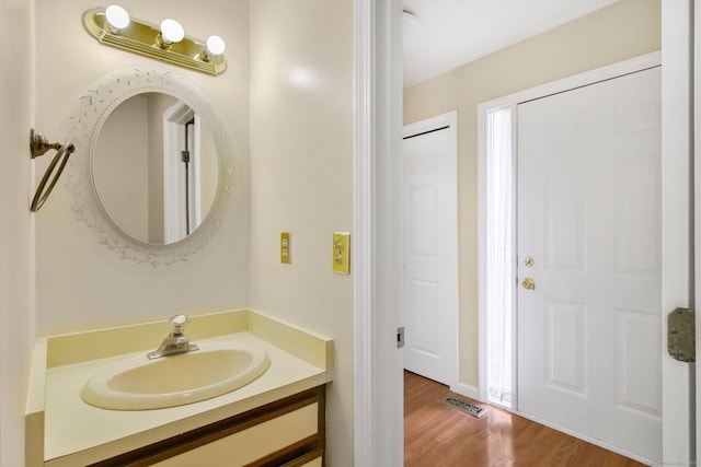 bathroom featuring wood-type flooring and vanity