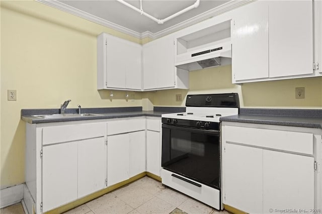 kitchen with white cabinetry, sink, range, and ornamental molding