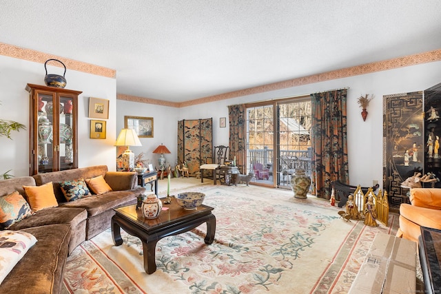 living room with a textured ceiling