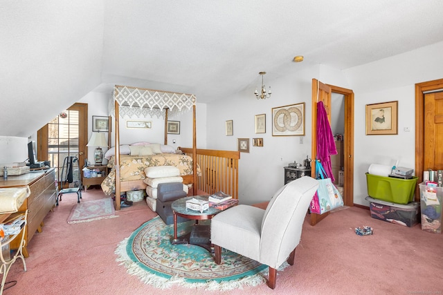 bedroom with lofted ceiling, carpet, and an inviting chandelier