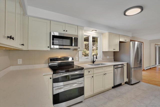 kitchen featuring sink, stainless steel appliances, and baseboard heating