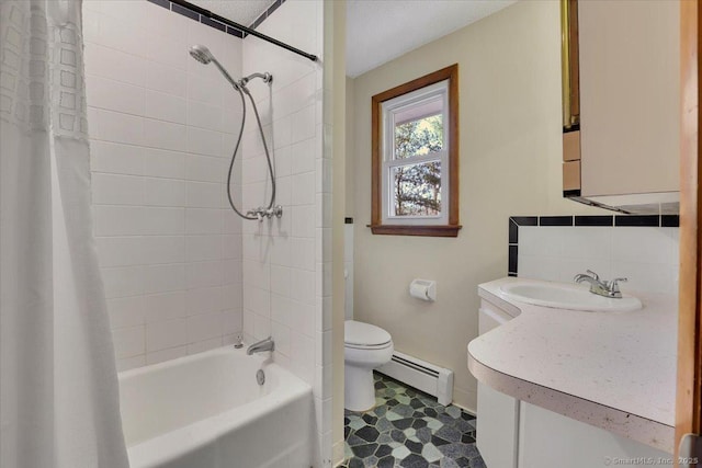 full bathroom with decorative backsplash, vanity, a baseboard heating unit, toilet, and shower / bathtub combination with curtain