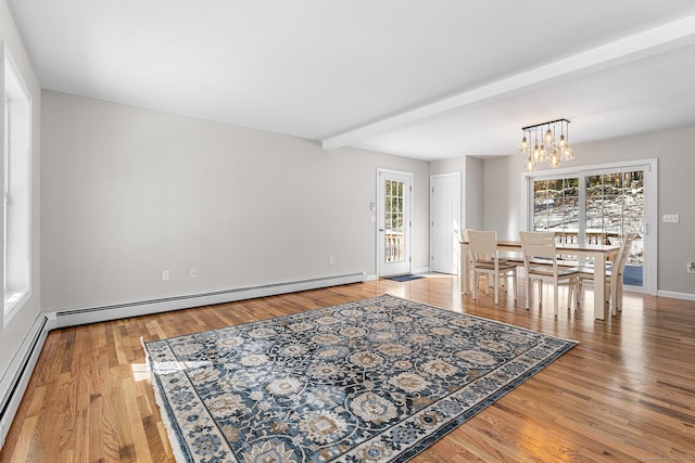 dining room with a chandelier, a baseboard radiator, beamed ceiling, wood finished floors, and a baseboard heating unit