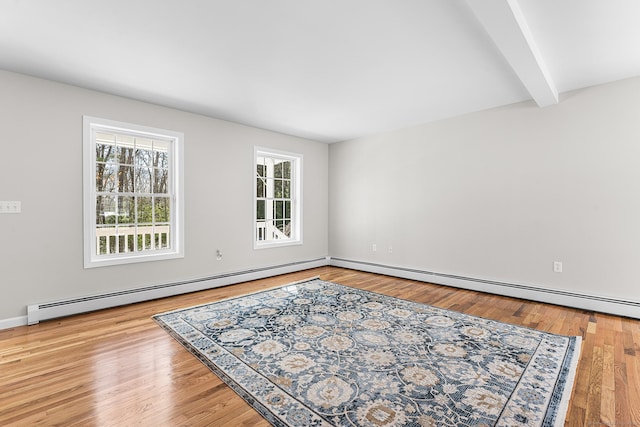 unfurnished room with a baseboard heating unit, beam ceiling, and wood finished floors