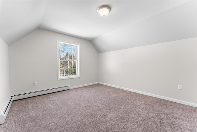 bonus room with vaulted ceiling, carpet floors, a baseboard radiator, and baseboards