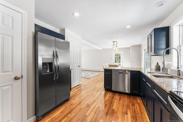 kitchen featuring light stone counters, light wood finished floors, appliances with stainless steel finishes, a sink, and a peninsula