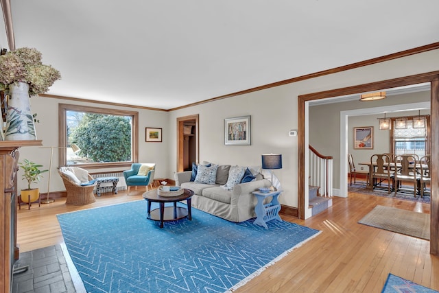 living room featuring hardwood / wood-style floors and crown molding