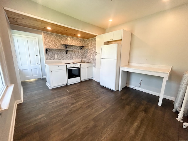 kitchen featuring white cabinetry, dark hardwood / wood-style floors, white appliances, and decorative backsplash