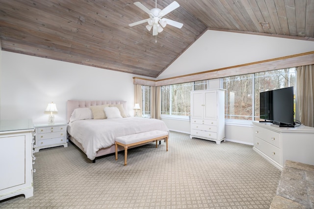 bedroom with light carpet, wood ceiling, lofted ceiling, and ceiling fan