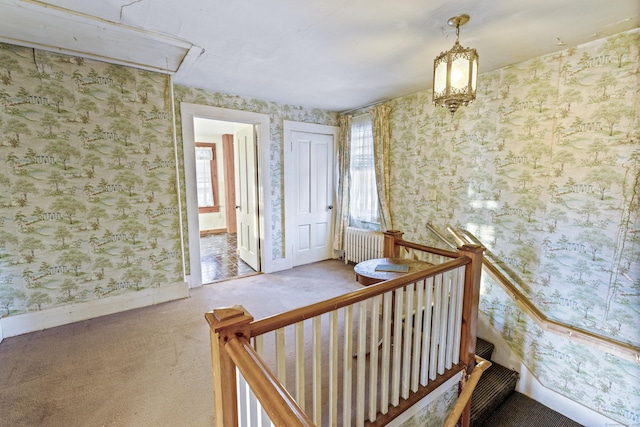 stairway with radiator heating unit and carpet